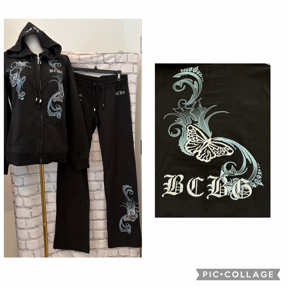 BCBG Maxazria:L Women Black Graphic Zip Hoodie & Jogger Set  Blue-Grey Flourish